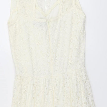 Jane Norman Womens Ivory Floral Cotton A-Line Size 6 Round Neck Button