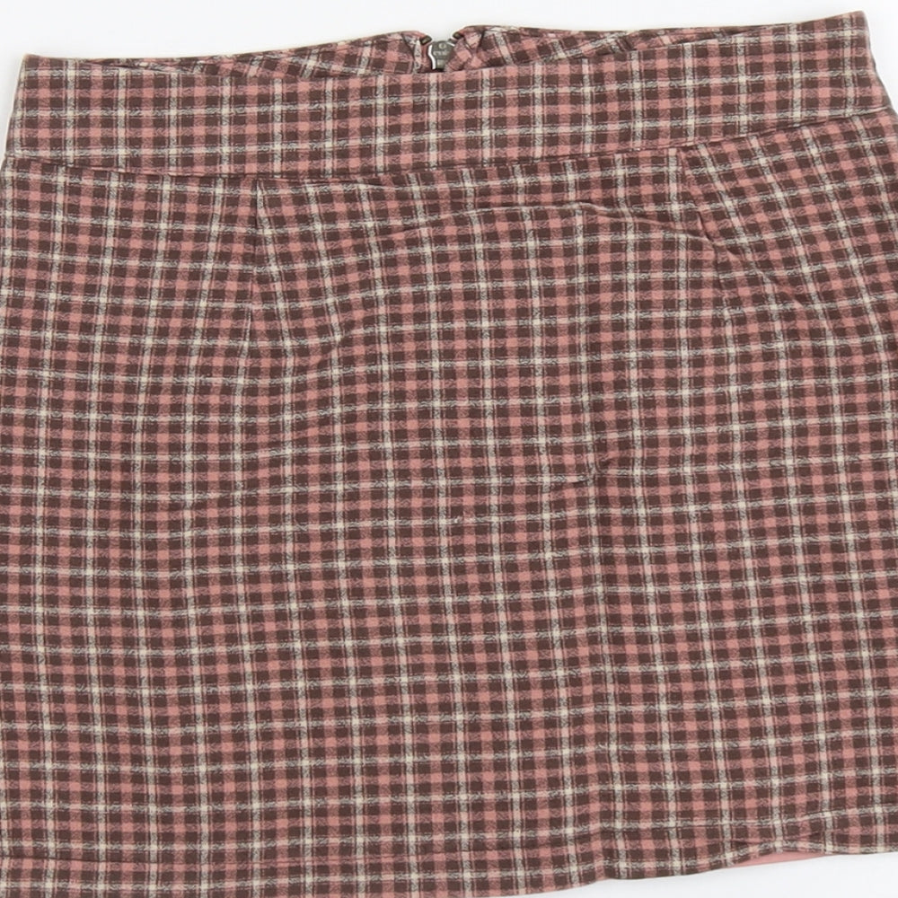 Pull&Bear Womens Pink Plaid Viscose Mini Skirt Size S Zip