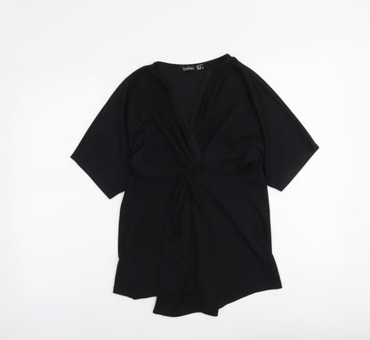 Boohoo Womens Black Polyester Basic Blouse Size 8 V-Neck