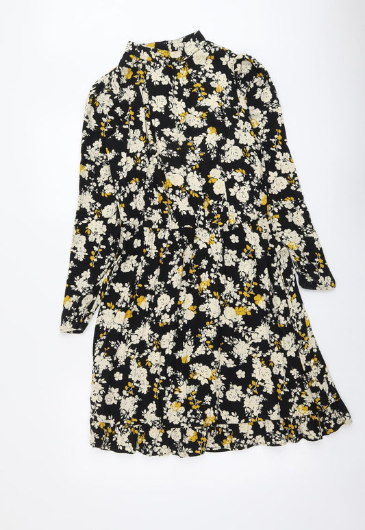 NEXT Womens Black Floral Viscose A-Line Size 6 Round Neck Button