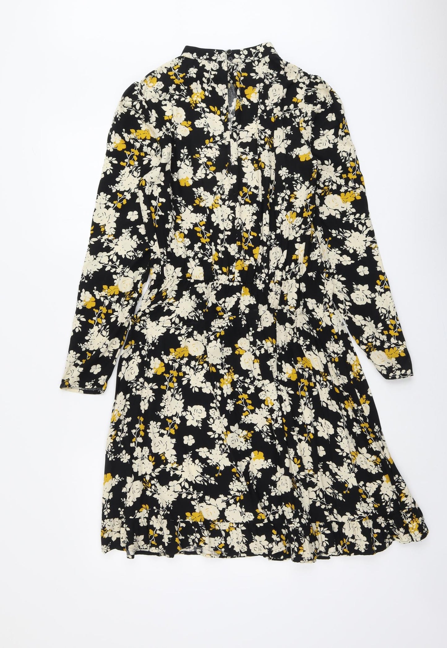 NEXT Womens Black Floral Viscose A-Line Size 6 Round Neck Button