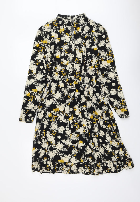 NEXT Womens Black Floral Viscose A-Line Size 6 Round Neck Button