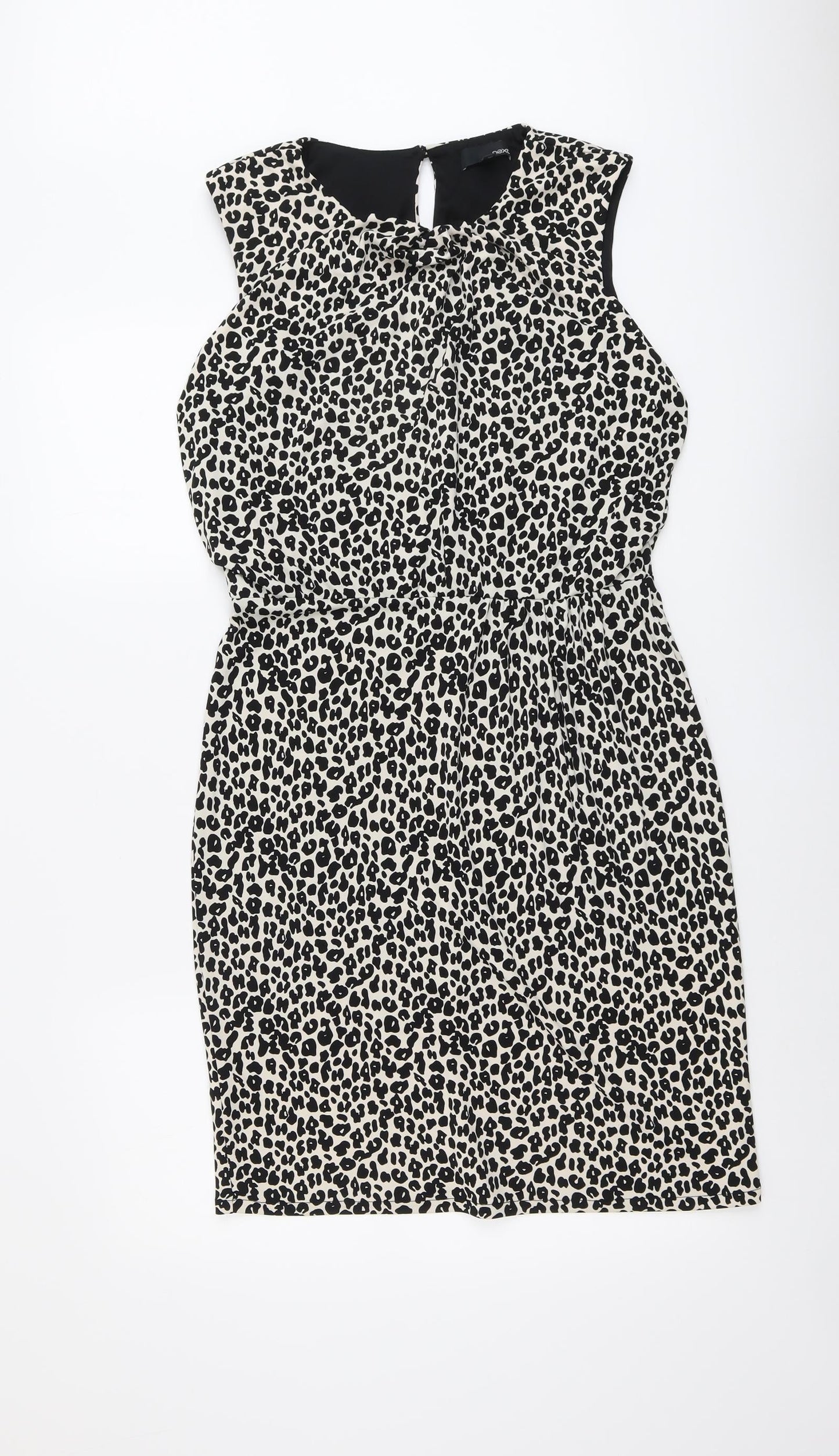 NEXT Womens Beige Animal Print Polyester Pencil Dress Size 14 Round Neck Button - Leopard Pattern