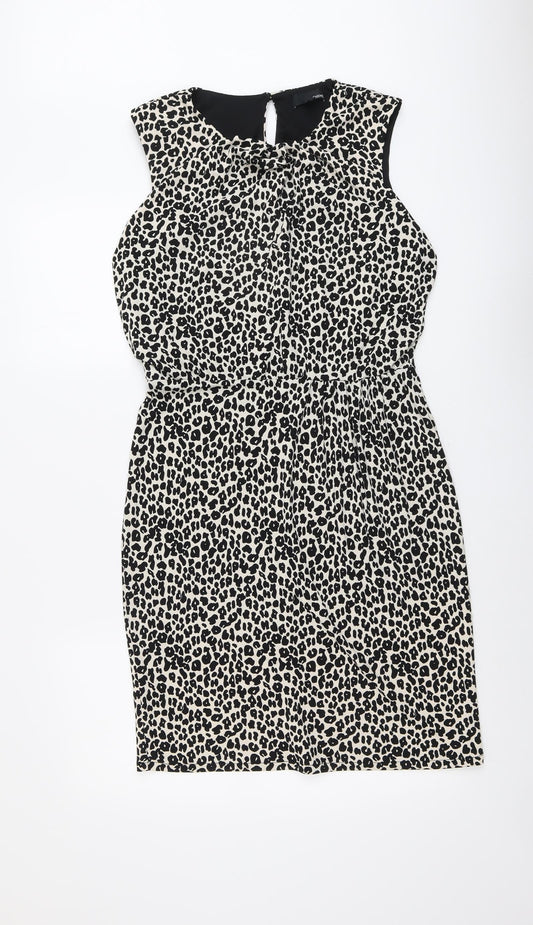 NEXT Womens Beige Animal Print Polyester Pencil Dress Size 14 Round Neck Button - Leopard Pattern