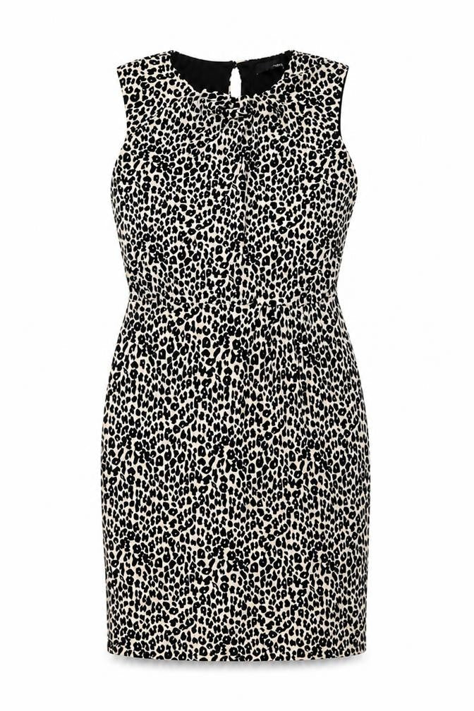 NEXT Womens Beige Animal Print Polyester Pencil Dress Size 14 Round Neck Button - Leopard Pattern
