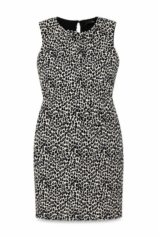 NEXT Womens Beige Animal Print Polyester Pencil Dress Size 14 Round Neck Button - Leopard Pattern