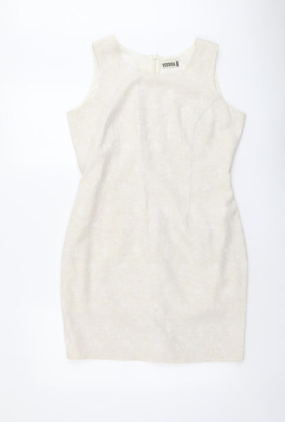 Yessica Womens Beige Geometric Polyester Pencil Dress Size 16 Round Neck Zip
