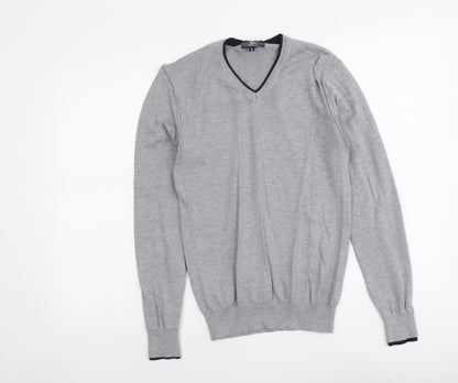Authentic Mens Grey V-Neck Viscose Pullover Jumper Size S Long Sleeve