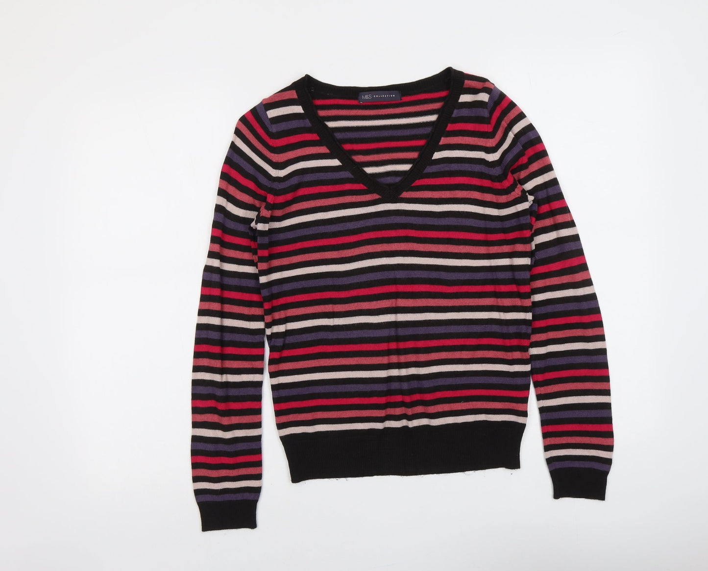 Marks and Spencer Womens Multicoloured V-Neck Striped Acrylic Pullover Jumper Size 8