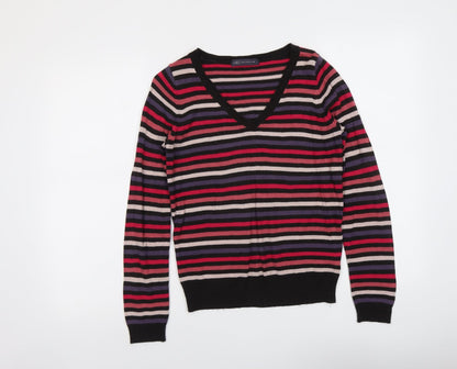 Marks and Spencer Womens Multicoloured V-Neck Striped Acrylic Pullover Jumper Size 8