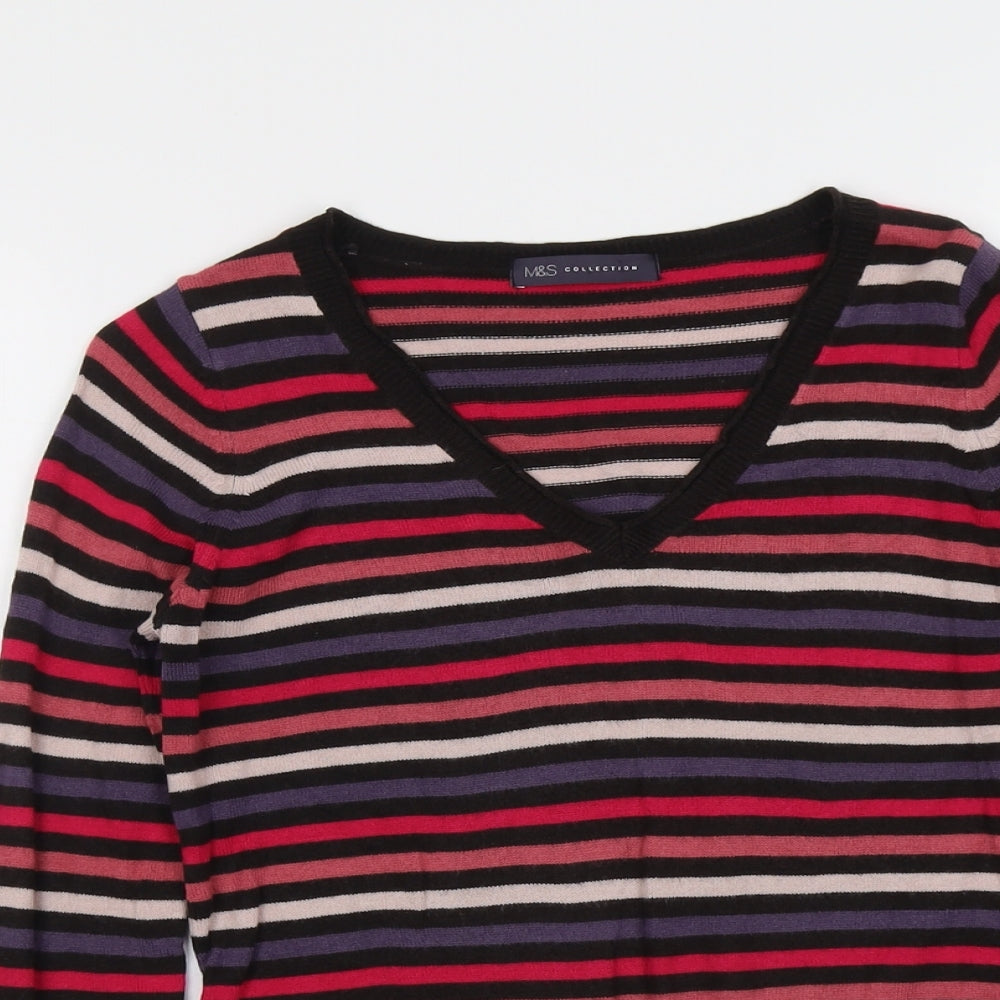 Marks and Spencer Womens Multicoloured V-Neck Striped Acrylic Pullover Jumper Size 8