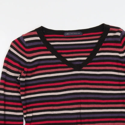 Marks and Spencer Womens Multicoloured V-Neck Striped Acrylic Pullover Jumper Size 8