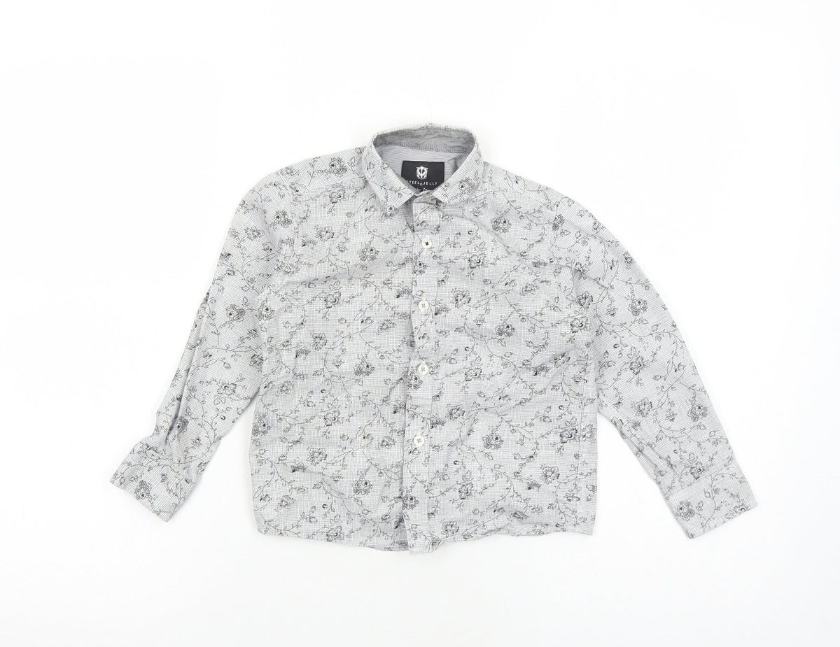 Steel & Jelly Boys Grey Floral Cotton Basic Button-Up Size 5-6 Years Collared Button