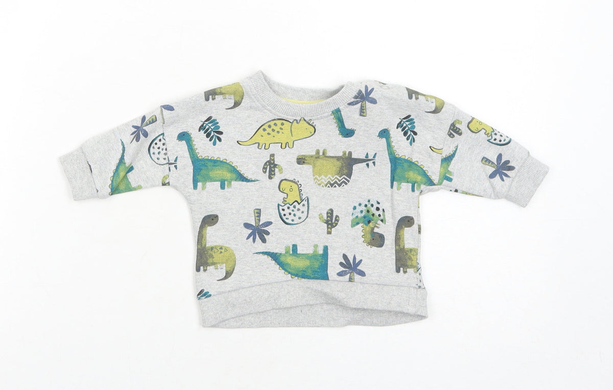 Additional front view of Nutmeg boys’ grey cotton pullover button-up, size 0-3, months round neck snap - dinosaur, cactus