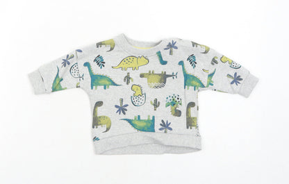 Additional front view of Nutmeg boys’ grey cotton pullover button-up, size 0-3, months round neck snap - dinosaur, cactus