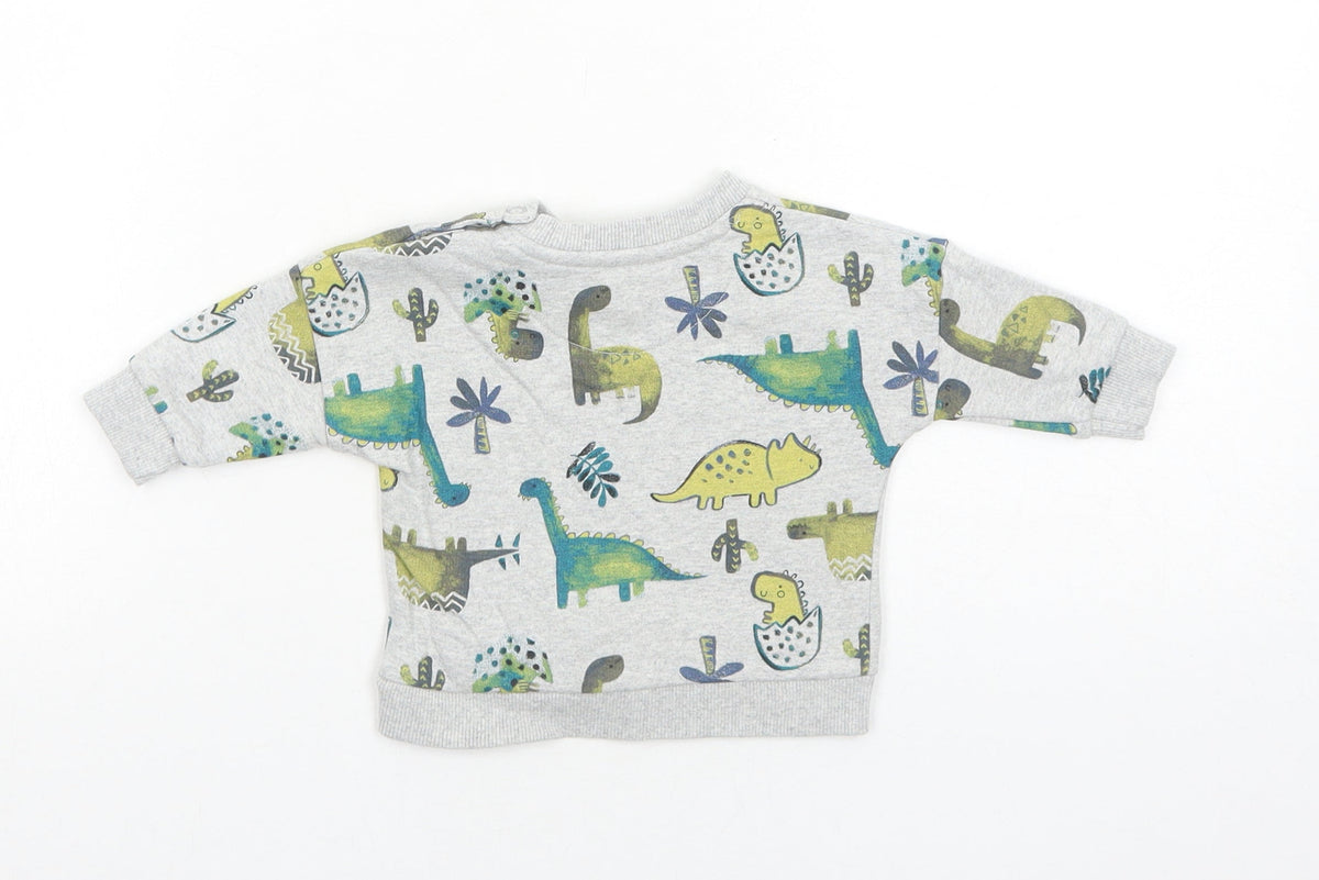 Back view of Nutmeg boys’ grey cotton pullover button-up, size 0-3, months round neck snap - dinosaur, cactus