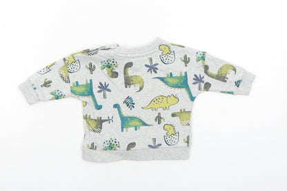 Back view of Nutmeg boys’ grey cotton pullover button-up, size 0-3, months round neck snap - dinosaur, cactus