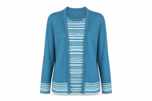 Front view of Arista women’s blue striped acrylic basic blouse, size UK 12, round neck