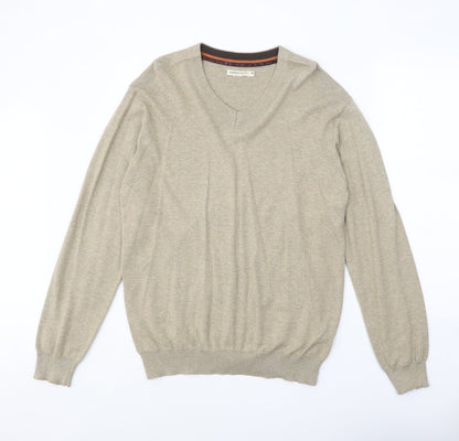 SandStone Mens Beige V-Neck Cotton Pullover Jumper Size M Long Sleeve