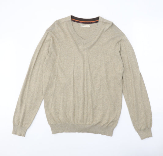 SandStone Mens Beige V-Neck Cotton Pullover Jumper Size M Long Sleeve