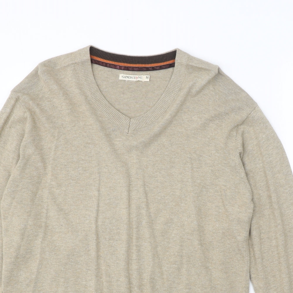 SandStone Mens Beige V-Neck Cotton Pullover Jumper Size M Long Sleeve