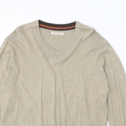 SandStone Mens Beige V-Neck Cotton Pullover Jumper Size M Long Sleeve
