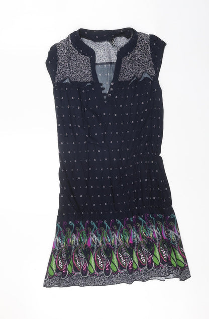 Glassons Womens Black Geometric Viscose A-Line Size 10 V-Neck Button