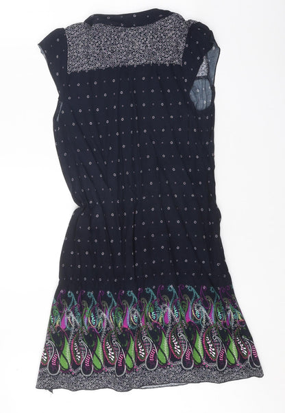 Glassons Womens Black Geometric Viscose A-Line Size 10 V-Neck Button