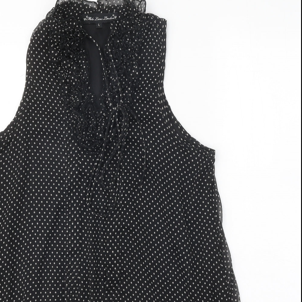 Mela London Womens Black Polka Dot Polyester A-Line Size L V-Neck Tie