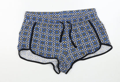Topshop Womens Blue Geometric Polyester Sweat Shorts Size 10 Regular Drawstring