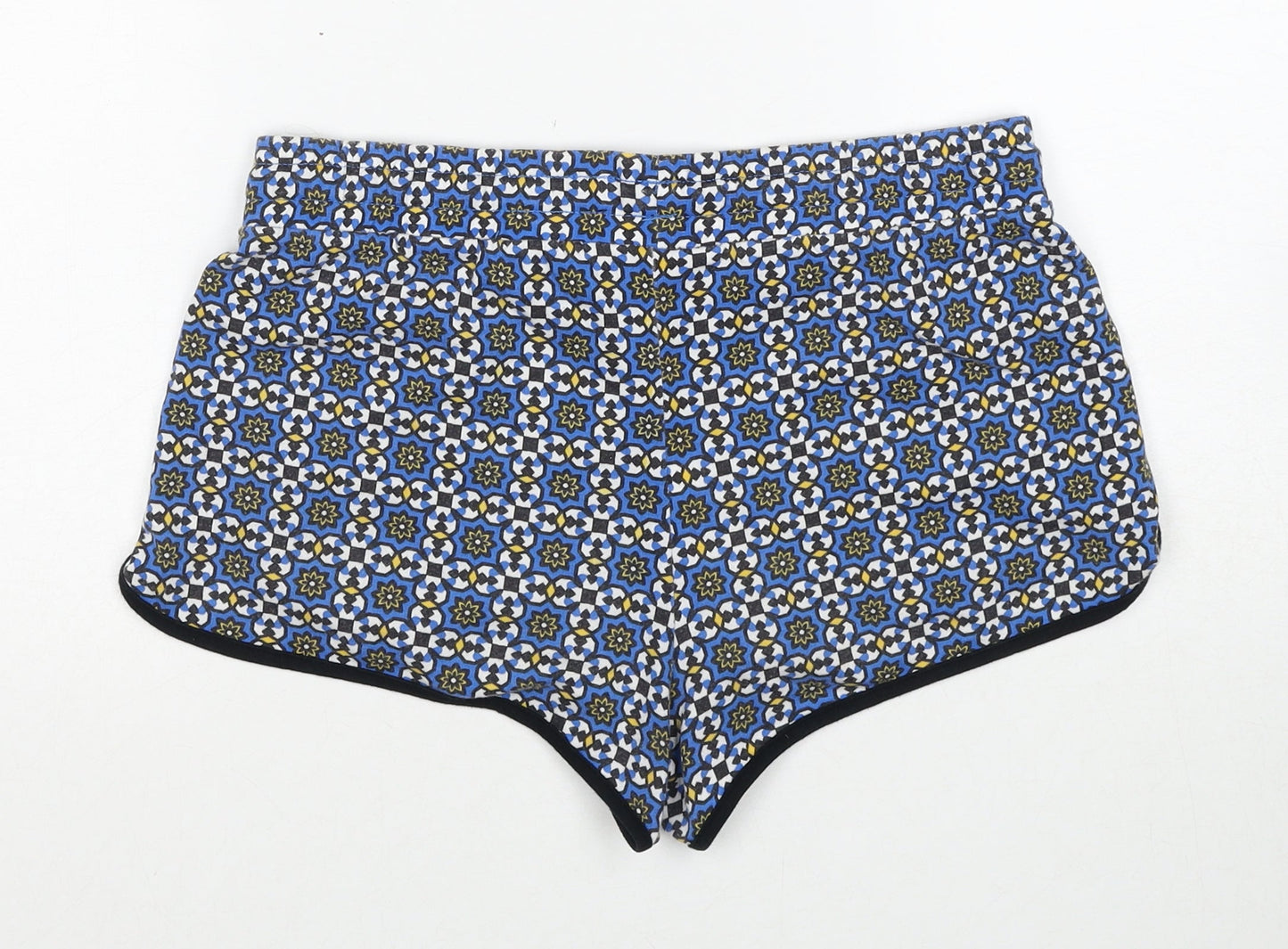 Topshop Womens Blue Geometric Polyester Sweat Shorts Size 10 Regular Drawstring