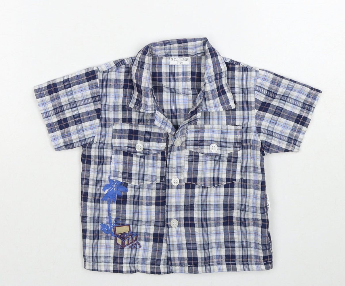 Stomp Boys Blue Plaid Cotton Basic Button-Up Size 6-9 Months Collared Button - Age 6-12 Months, Treasure Chest