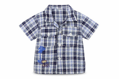 Stomp Boys Blue Plaid Cotton Basic Button-Up Size 6-9 Months Collared Button - Age 6-12 Months, Treasure Chest