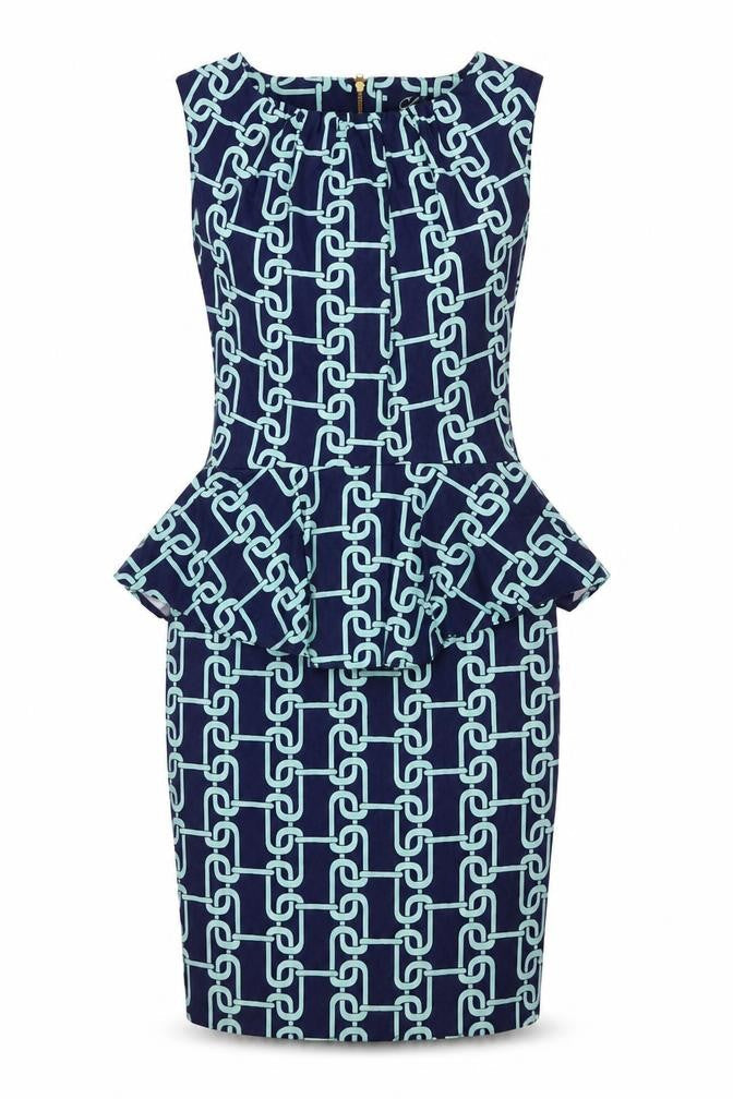 Closet Womens Blue Geometric Cotton Pencil Dress Size 8 Round Neck Zip