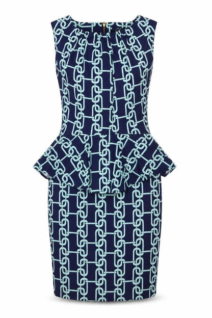 Closet Womens Blue Geometric Cotton Pencil Dress Size 8 Round Neck Zip