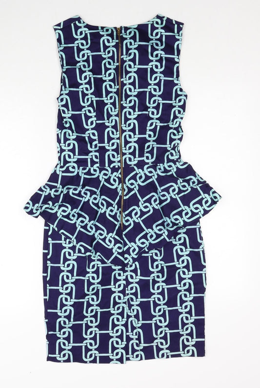 Closet Womens Blue Geometric Cotton Pencil Dress Size 8 Round Neck Zip