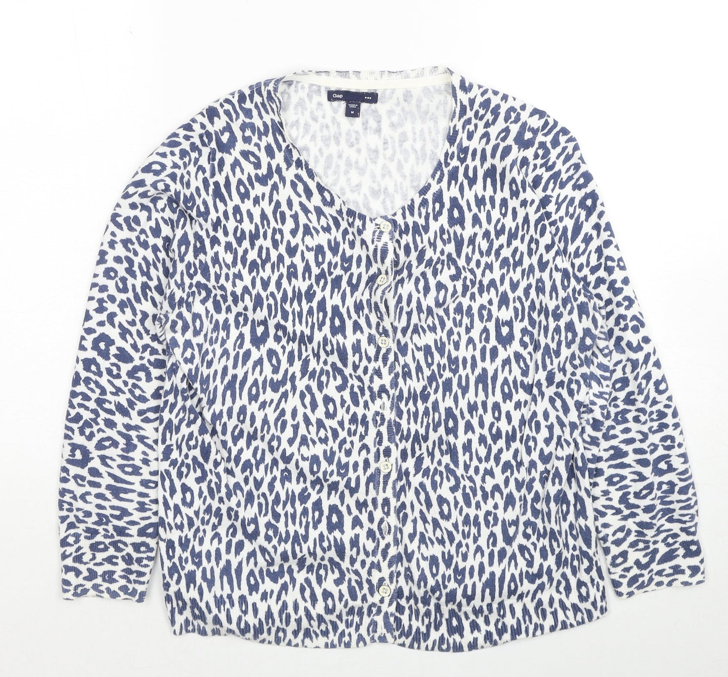 Gap Womens Blue V-Neck Animal Print Cotton Cardigan Jumper Size M - Leopard Print