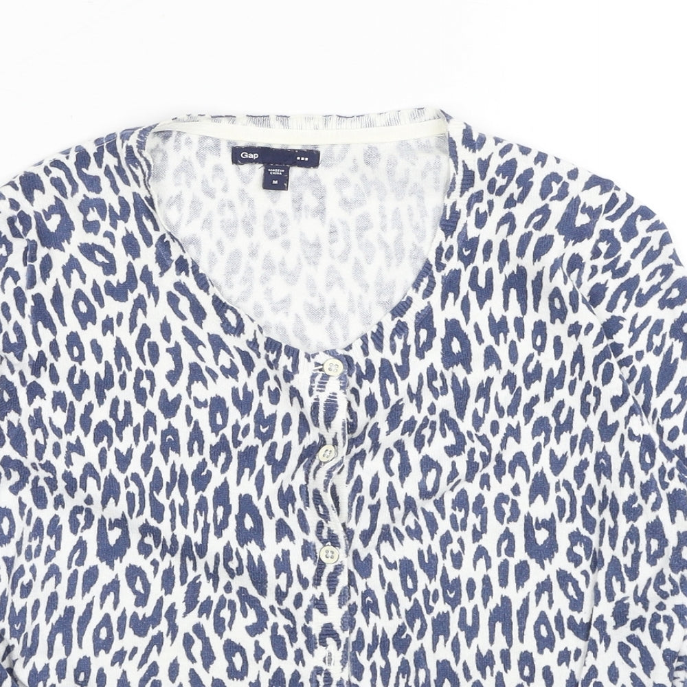 Gap Womens Blue V-Neck Animal Print Cotton Cardigan Jumper Size M - Leopard Print