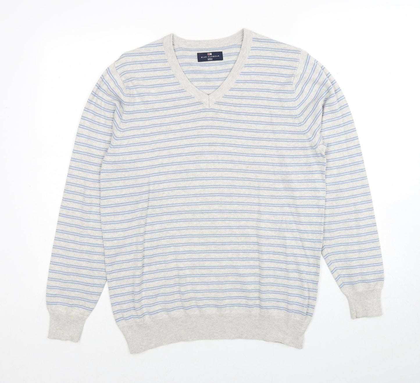 Marks and Spencer Mens Grey V-Neck Striped Cotton Pullover Jumper Size S Long Sleeve