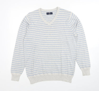 Marks and Spencer Mens Grey V-Neck Striped Cotton Pullover Jumper Size S Long Sleeve