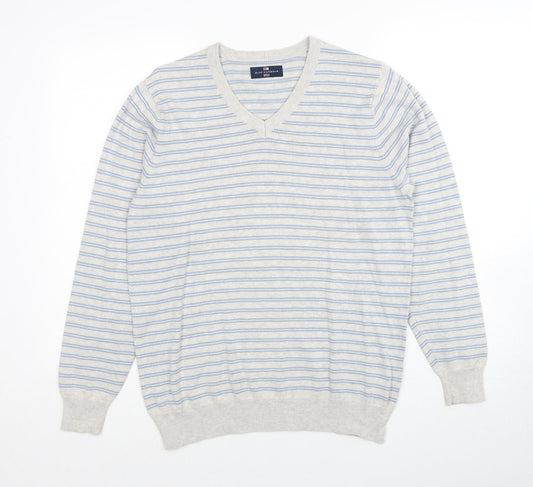 Marks and Spencer Mens Grey V-Neck Striped Cotton Pullover Jumper Size S Long Sleeve