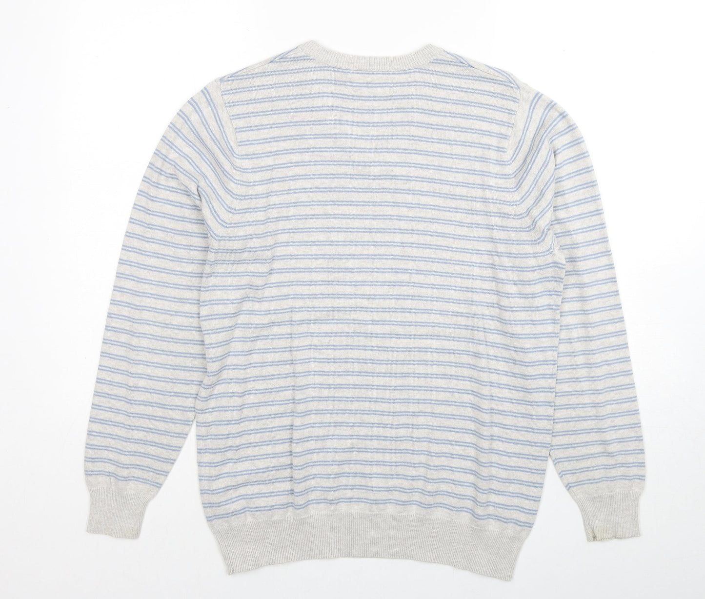 Marks and Spencer Mens Grey V-Neck Striped Cotton Pullover Jumper Size S Long Sleeve