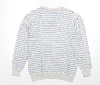 Marks and Spencer Mens Grey V-Neck Striped Cotton Pullover Jumper Size S Long Sleeve