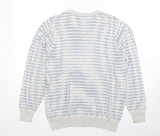 Marks and Spencer Mens Grey V-Neck Striped Cotton Pullover Jumper Size S Long Sleeve