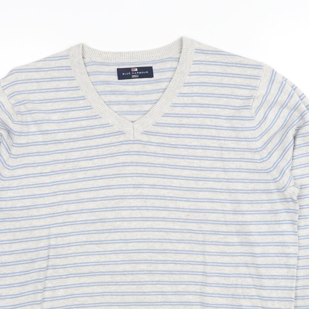 Marks and Spencer Mens Grey V-Neck Striped Cotton Pullover Jumper Size S Long Sleeve