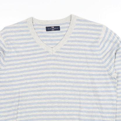 Marks and Spencer Mens Grey V-Neck Striped Cotton Pullover Jumper Size S Long Sleeve