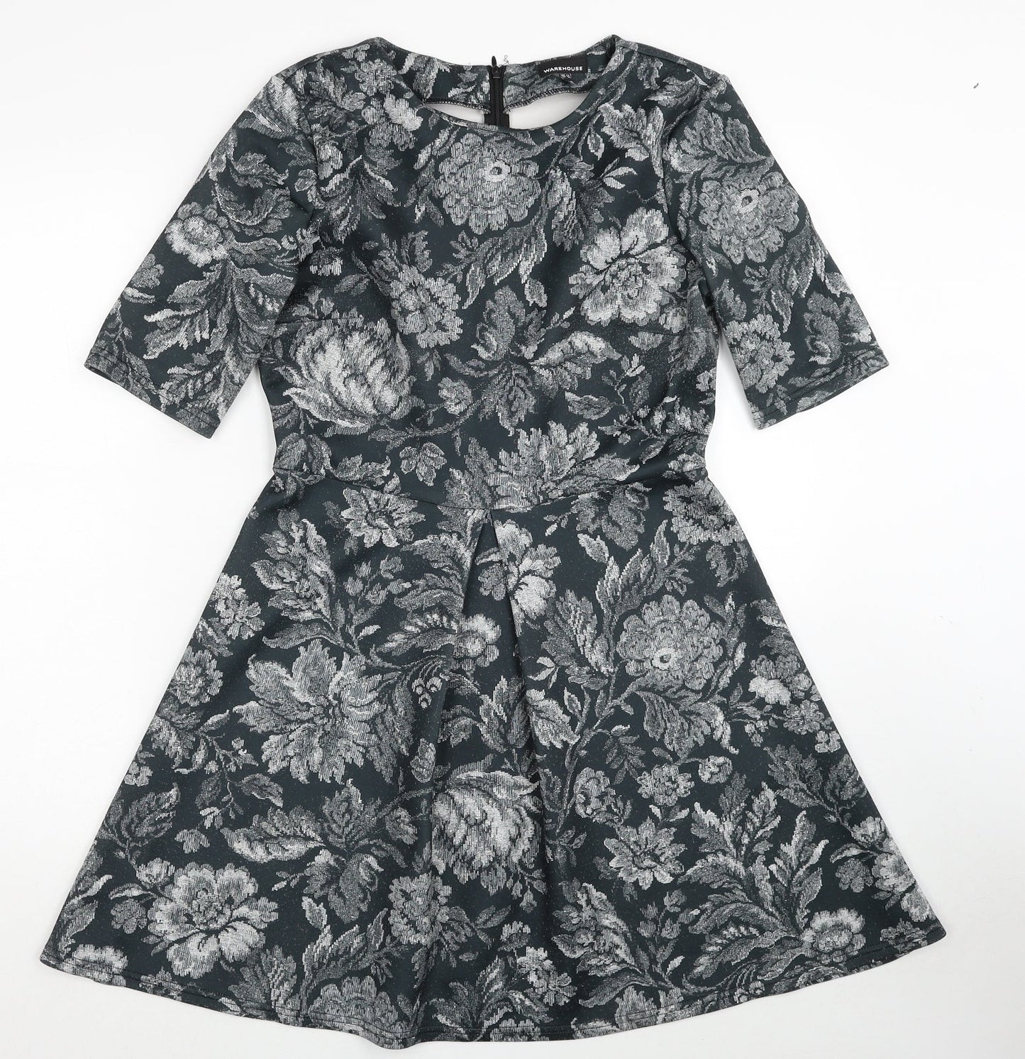 Warehouse Womens Green Floral Polyester A-Line Size 12 Round Neck Zip