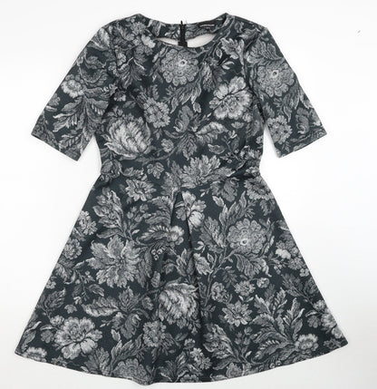 Warehouse Womens Green Floral Polyester A-Line Size 12 Round Neck Zip