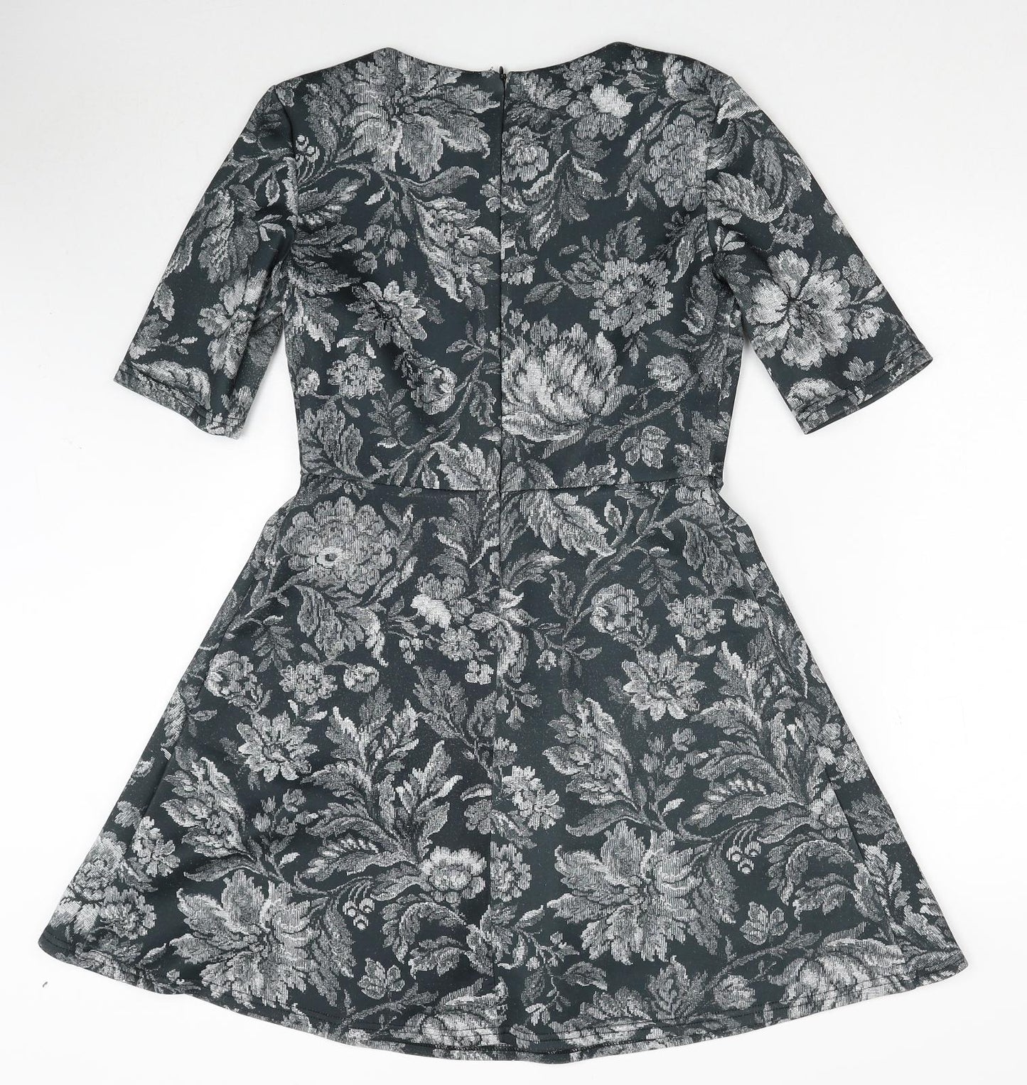 Warehouse Womens Green Floral Polyester A-Line Size 12 Round Neck Zip
