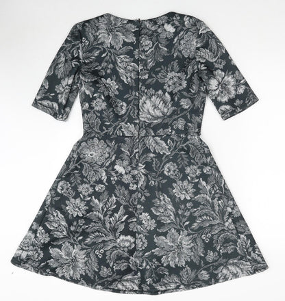 Warehouse Womens Green Floral Polyester A-Line Size 12 Round Neck Zip